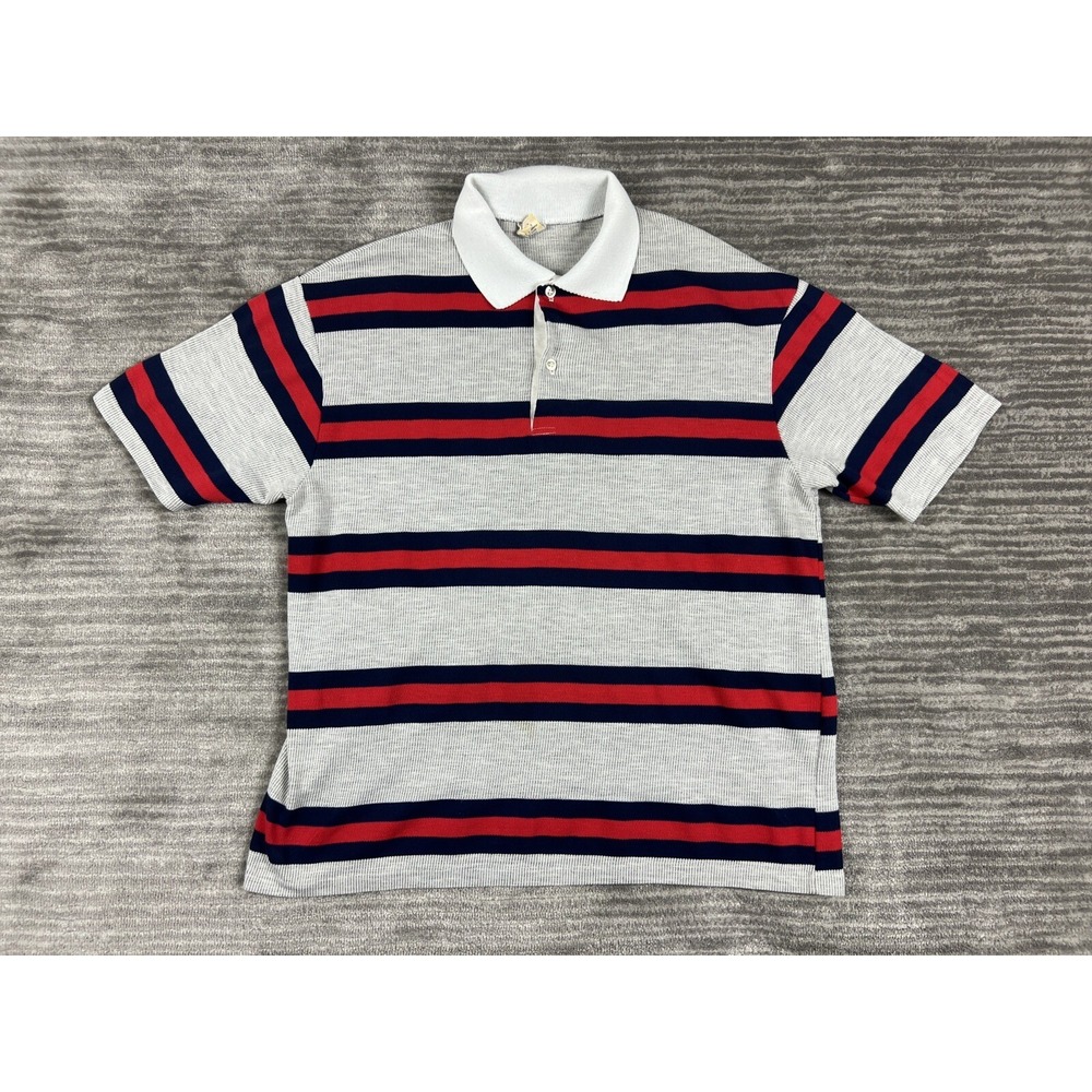 New Directions Polo Shirt Mens XL Grey Navy Red Striped Vintage Made in USA S/S